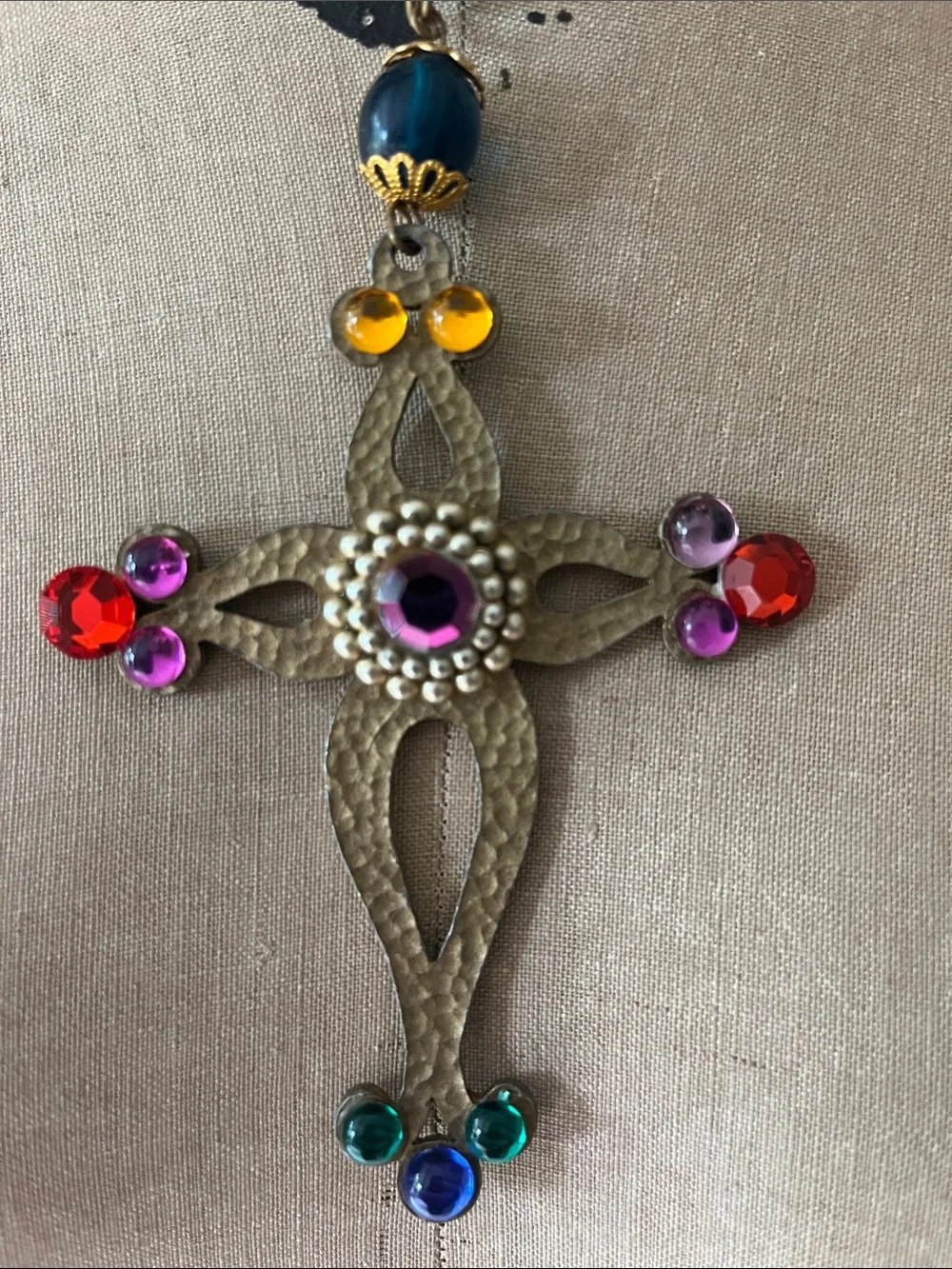 Renaissance Vintage-Style Multicolor Cross Pendant Necklace with crystals